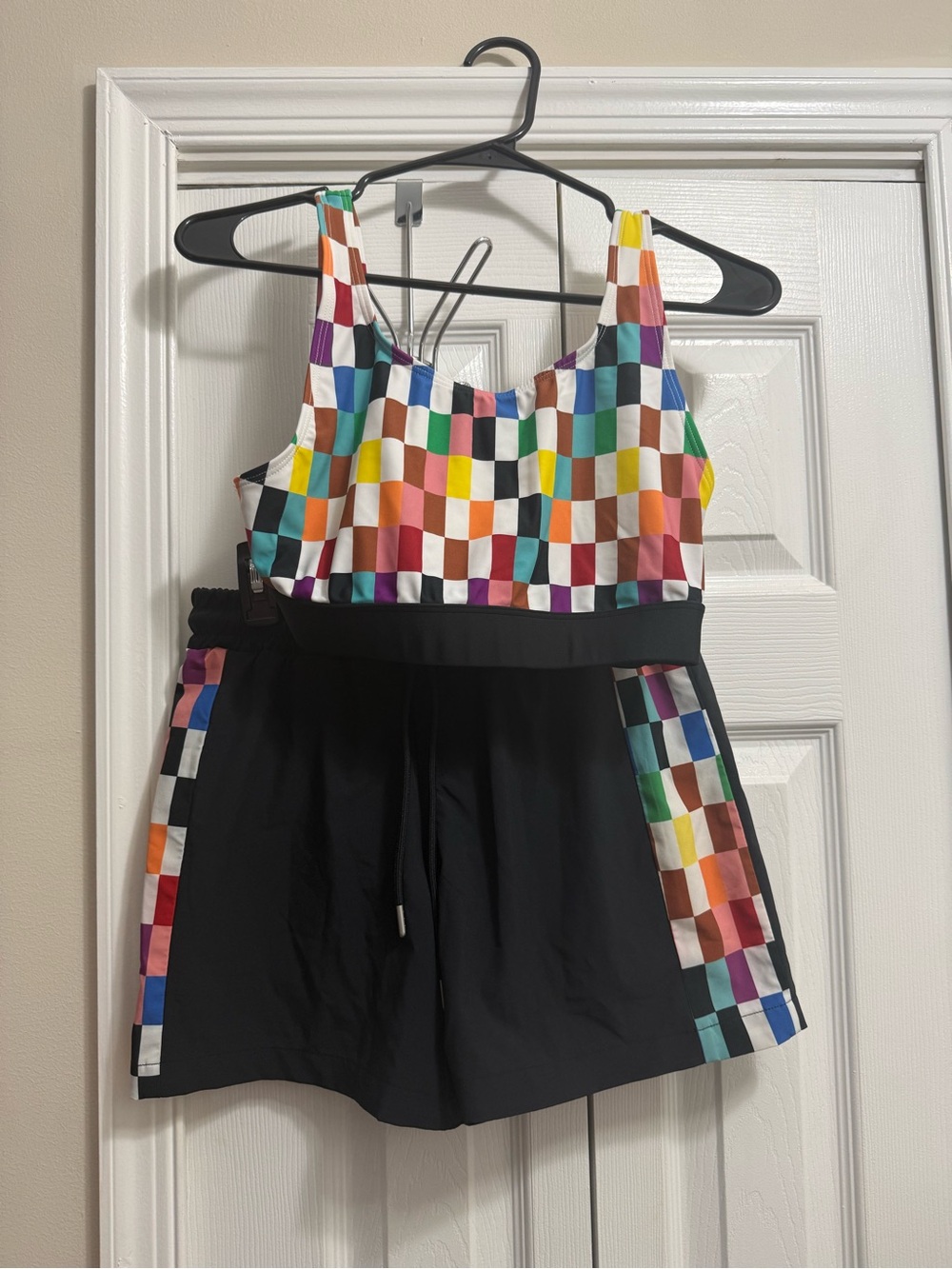 HumanKind Multicolor Checkerboard Swim Top and Matching Swim Trunks